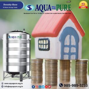 A sleek stainless steel water storage tank by Aquapure, symbolizing durability and purity